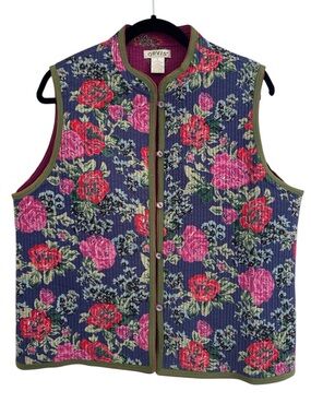 ORVIS Cotton Floral Button Down Quilted Reversible Sleeveless Vest Cottagecore